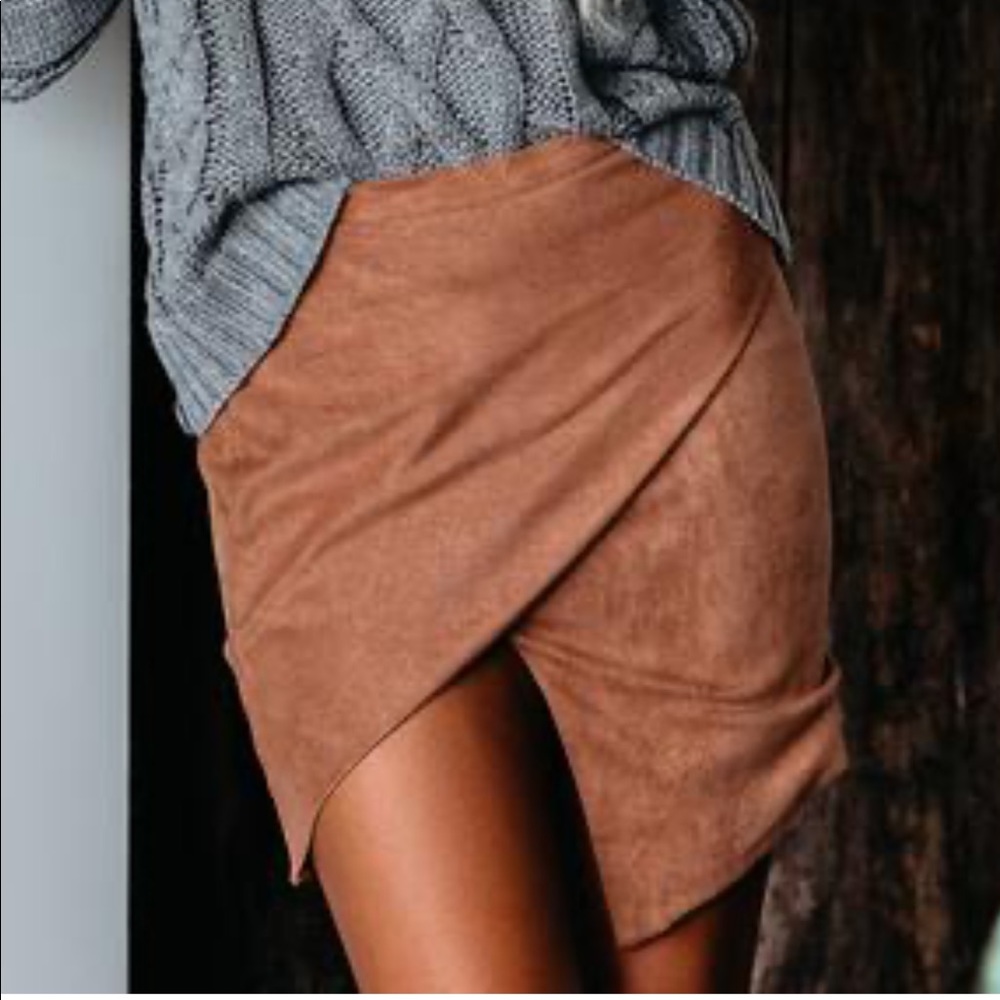 Vici Skirts - Tan Faux Suede Asymmetrical Skirt